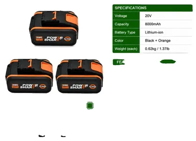 Obrázok produktu pre Batéria, kapacita 8000 mAh, kompatibilná s 20V elektrickými nástrojmi, Worx - 8Ah x 3