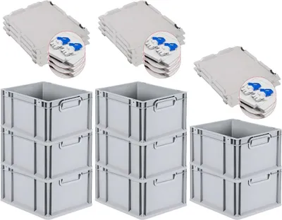 Produktbild von SuperSparSet 8x Eurobox NextGen Grip mit Scharnierdeckel und blauen Schiebeschnappverschlüssen | HxBxT 22x30x40cm | 20 Liter | Grau | Griffe geschlossen | Glatter Boden | Eurobehälter, Transportbox, Transportbehälter, Stapelbehälter