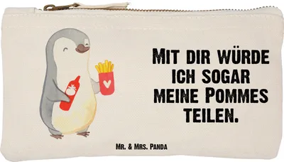 Produktbild von Mr. & Mrs. Panda Federtasche Pinguin Pommes Größe S Klein - Weiß - Geschenk, Hochzeitstag, Freundin, Valentinstag, Kulturbeutel, für Frauen, Mäppchen, Partner, Pouch