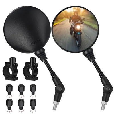 Zdjęcie produktu dla Zestaw luster motocyklowych, uniwersalny, 2 sztuki, obejmy kierownicy 22 mm, gwint M10, gwint M10/M8 (prawo i lewo), okrągłe