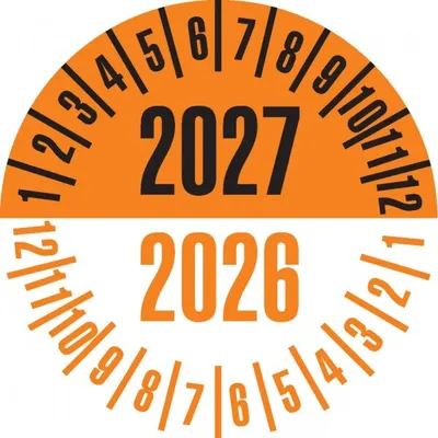 Produktbild von Dreifke® Prüfplakette 2027/2026,orange/schwarz,Dokufolie,selbstklebend,Ø35mm,...