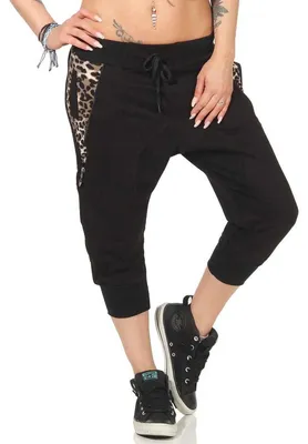 Produktbild von Damen Aladin Jogginhose 3/4 Capri Sport-Hose Baumwolle ; Schwarz-Leo M/38