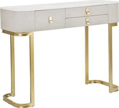 A console table with drawers and gold legs on a white background.