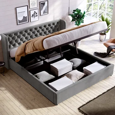 Obrázok produktu pre Posteľ s hydraulickou pružinou, 180x200 cm, čalúnená posteľ s roštom a úložným priestorom, zamat, sivá