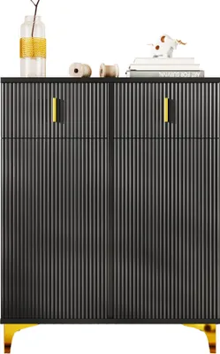 Image de Buffet - Blanc/Or - panneaux texturés et système « push-to-open » - étagères réglables et amortisseurs