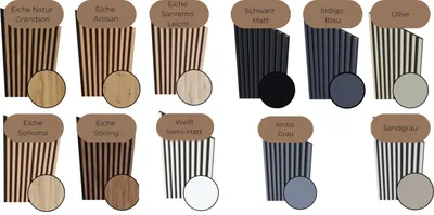 Produktbild von MEBANO. Muster Akustikpaneele Lamellenwand Wandpaneele Filz Holz 26,5 x 15 cm 11 Farben Sample