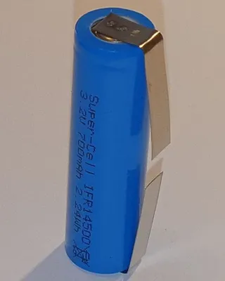 A single blue battery with a silver metal clip attached to the top.