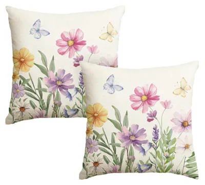 Zdjęcie produktu dla Zestaw 2 poszewek na poduszki, 45x45 cm, wzór: kwiaty, liście, motyle, kolor: beżowy, materiał: poliester