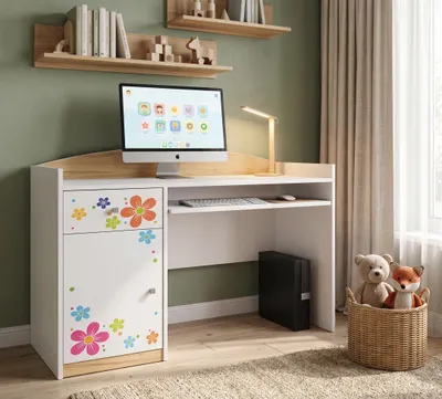 Produktbild von Schülerschreibtisch Weiß Holzoptik Motiv, Jugendschreibtisch mit Tastaturauszug, Hausaufgabentisch für Mädchen & Jungen