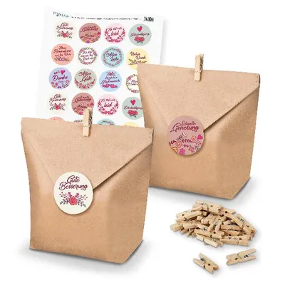 Produktbild von itenga SET Geschenktüten Vintage Blumen Sprüche (Motiv 66) 24 x Tüten + Klammern