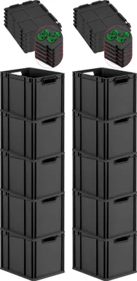 Produktbild von SuperSparSet 10x Eurobox NextGen Grip mit Scharnierdeckel und grünen Schiebeschnappverschlüssen | HxBxT 32x30x40cm | 30 Liter | Schwarz | Griffe offen | Eurobehälter, Transportbox, Transportbehälter, Stapelbehälter