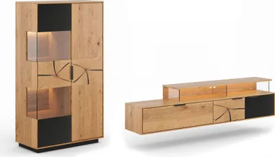 Produktbild von Wohnwand Tirano Wohnzimmer-Set Massivholz geölt Ausführung wählbar,Vitrine, Lowboard,Eiche Natur / Absetzung schwarz / Hirnholz