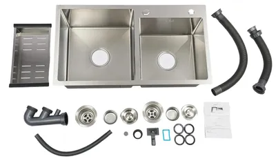 Immagine prodotto di Lavello da cucina - Doppia vasca - Acciaio inossidabile 304 - Da incasso - 2 fori - Senza dispenser per sapone - Argento