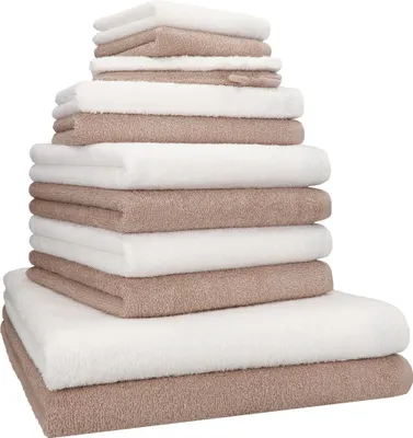 Produktbild von Betz 12-tlg. Handtuch-Set BERLIN 2 Liegetücher 4 Handtücher 2 Gästetücher 2 Seiftücher 2 Waschhandschuhe 100% Baumwolle – Farbe: cappuccino / weiß