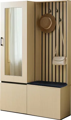 Produktbild von Fortuna Lai ScKombinierter Garderobenschrank mit Spiegel und Sitzbank –Modernes Flurmöbel-Set mit ausziehbarer Kleiderstange, Schuhablage, 4 Haken und Polsterbank