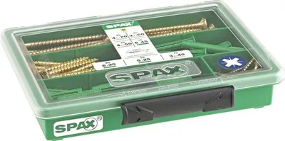 Produktbild von SPAX Sortiment klein, Schrauben-Set mit 4 Abmessungen + Dübel, 130 Stück, Senkkopf, Kreuzschlitz Z, YELLOX