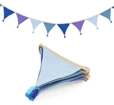 Produktbild von Wimpelkette Stoff mit Quasten Blau-Lavendel-Mix 2,8 m Musselin Baumwolle