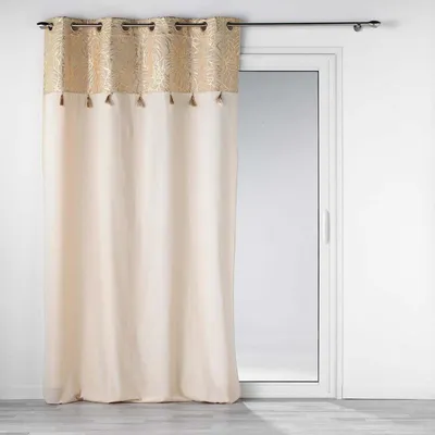 Image de Rideau à 8 oeillets en polycoton "Solea" à finition métallisée et pompons - Beige - 140 x 240 cm