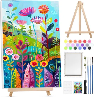 Produktbild von Malen nach Zahlen Set, bunte Blumen, 30x40 cm, Acrylfarben, DIY Dekoration