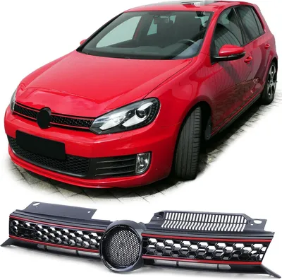 Zdjęcie produktu dla Osłona chłodnicy Sportowa osłona chłodnicy z czerwoną listwą w kolorze czarnym błyszczącym dla VW Golf 6 VI