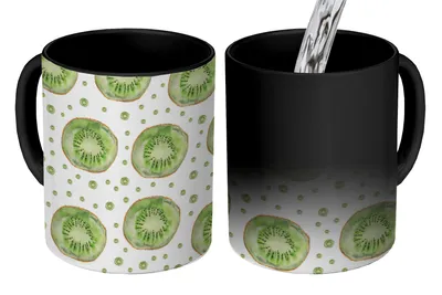 Obrázok produktu pre KitchenYeah® Magický hrnček Magický hrnček Magic Kiwi - Akvarel - biely 350 ml hrnček na zmenu farby nápad na darček - magický hrnček - fotohrnček - keramické hrnčeky - obrázky - hrnček na kávu - hrnček na nápoje - K
