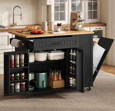 Produktbild von Flieks Mobile Kücheninsel mit klappbarer Arbeitsplatte, Rollwagen mit feststellbare Rollen und Mülleimerschrank, Servierwagen 130x45-70x93cm, Schwarz