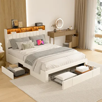 Image de Fortuna Lai Lit rembourré 160x200 cm en beige, lit double avec éclairage LED, fonction de chargement USB et 4 tiroirs, tête de lit avec espace de rangement, housse en velours