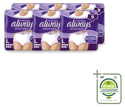 Obrázek produktu pro 6 kusů dámských inkontinenčních kalhotek Always Discreet, velikost L – balení