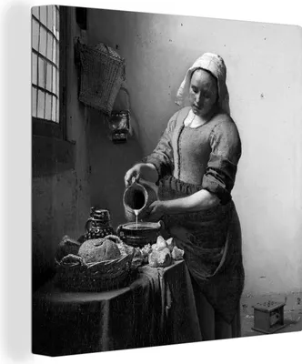 Produktbild von MuchoWow® - Leinwandbilder - Das Milchmädchen - Gemälde von Johannes Vermeer - schwarz und weiß, Wandbild, Wanddeko Bilder Wohnzimmer, 50x50 cm