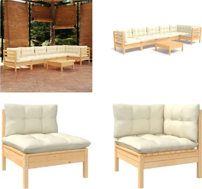 Produktbild von vidaXL 7 tlg. Garten Lounge Set mit Creme Kissen Kiefernholz - Garten-Lounge-Set - Garten-Lounge-Sets - Gartenmöbel-Set - Gartenmöbel-Sets