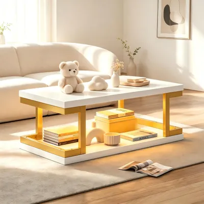 Zdjęcie produktu dla Stolik kawowy Merax z oświetleniem LED, stolik do salonu wykonany z MDF i metalu, stolik pomocniczy z złotą metalową ramą, stolik do sofy o dwupoziomowej konstrukcji, kolor biały