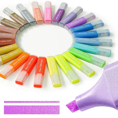 Produktbild von Glitzer Textmarker Set 24 Stück metallische Farben schnell trocknend auf Wasserbasis für Tagebuch Planer Notizen Bastelarbeiten