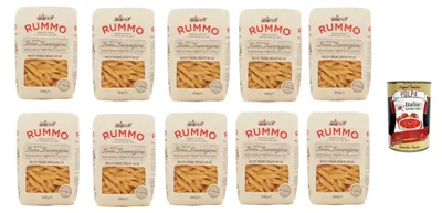 Produktbild von Rummo Mezze penne rigate n° 28 Pasta Lenta Lavorazione Teigwaren aus Hartweizengrieß Bronze-Zeichnung 10x 500g + Italian Gourmet polpa 400g