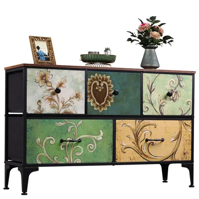 Produktbild von Kommode mit Schubladen aus Stoff, Boho Vintage Schubladenschrank ,Wohnzimmer & Flur, Holzoptik & Stoffschubladen