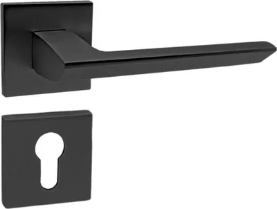 A black door handle set with a square rosette and a keyhole plate, isolated on a white background.