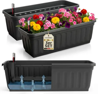 Produktbild von Balkonkasten mit Wasserstandsanzeiger, Pflanzkasten 3er Set, Anthrazitt, 60cm