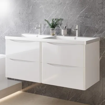 Produktbild von Badezimmerschrank 120cm Mineralguss Waschtisch mit Unterschrank Hochglanz Weiß Badmöbel Set mit Soft-Close