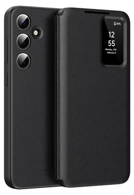 A black leather flip case for a Samsung Galaxy S24 phone is shown from a diagonal angle, with the flip cover partially open to reveal a small display window showing the time and date.