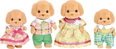 A family of four toy poodle figurines dressed in colorful outfits, standing against a white background.