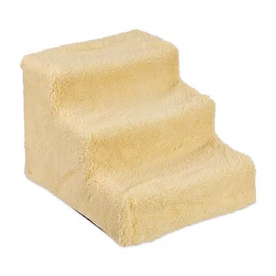A three-step pet stair covered in beige fleece.