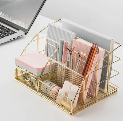 Produktbild von Aufbewahrungs-Schreibtisch-Organizer, Metall-Schreibtisch-Organizer, Schrein-Organizer, Stifthalter mit Schiebeschublade für Zuhause, Schule, Büro, Klassenzimmer, Roségold(Gold)
