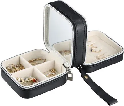 Produktbild von Kompakte Polyurethanwasserdichte Schmuckbox Doppelschicht für Ringe, Ohrringe und Halsketten - ideal für Reisen und Organisation