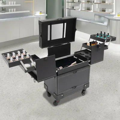 Image de Trolley de maquillage - Mallette de maquillage professionnelle sur roulettes - 7 compartiments - Noir