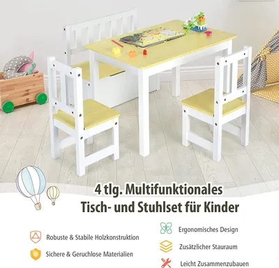 Produktbild von COSTWAY 4 teiliges Kindersitzgruppe Holz, Kindertisch Stühlen Sitzbank mit Stauraum, Sitzgruppe Kinder, Kindertischgruppe, Kindermöbel Kindersitzgarnitur 70 x 48 x 50 cm(Natur)
