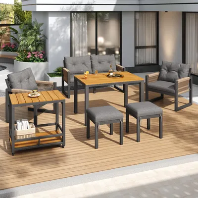 Obrázek produktu pro Merax Zahradní nábytek Sada venkovní pohovky se stolem, zahradní lounge pro více osob s železnou konstrukcí a propletenými područkami, sedáky, šedá+přírodní