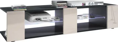 Produktbild von Vladon Lowboard Movie V2, TV-Kommode mit 6 offenen Fächern und Zierleisten, Schwarz matt/Sandgrau Hochglanz, inkl. LED-Beleuchtung weiß (134 x 29 x 39 cm)
