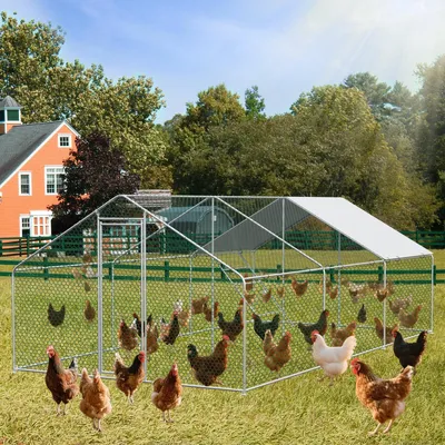 Immagine prodotto di Recinto all'aperto per polli 3x6x2 m con serratura di sicurezza e telo impermeabile in PE; recinto in metallo per piccoli animali, adatto a polli, conigli e pollame