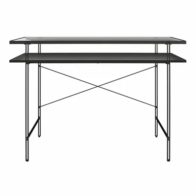 Produktbild von Computertisch aus transparentem Glas und Gestell aus schwarzem Metall