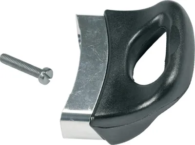 A black and silver pot handle with a screw, isolated on a white background.