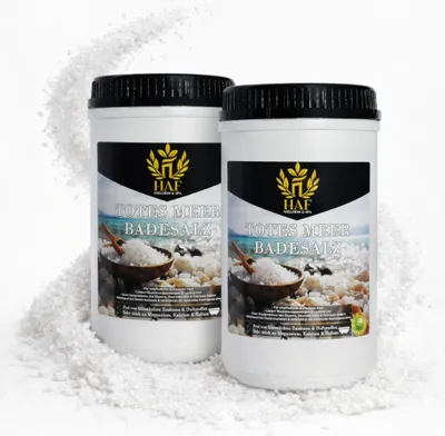 Produktbild von HAF – Totes Meer Badesalz (2 x 1 kg Dose) – Naturreines Meersalz aus Jordanien. Für trockene Haut & Gesicht | Für guten Schlaf & zur Körperpflege